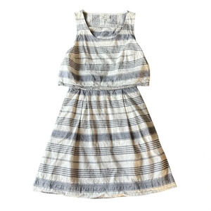 Madewell Linen blend Gray White Striped Open Back Overlay Dress with‎ Pockets 0
